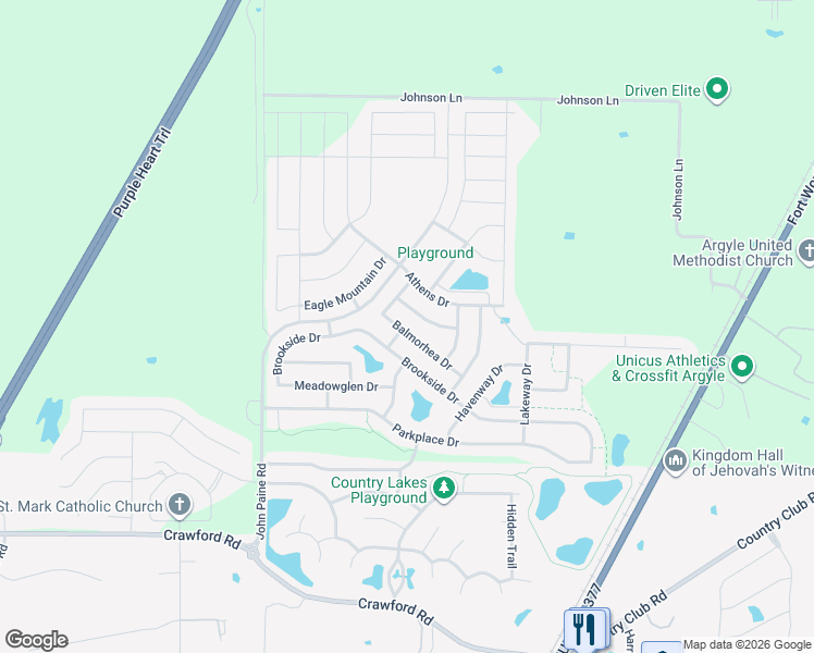 map of restaurants, bars, coffee shops, grocery stores, and more near 5613 Millers Creek Drive in Argyle