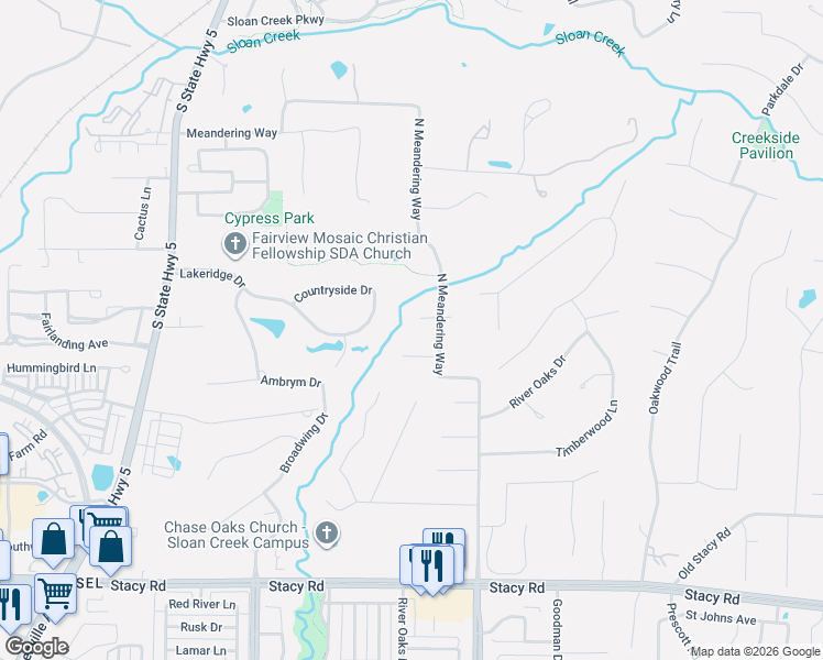 map of restaurants, bars, coffee shops, grocery stores, and more near 910 Rushing Water Court in Fairview