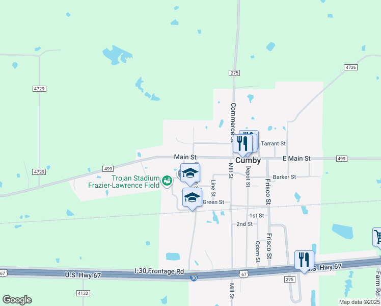 map of restaurants, bars, coffee shops, grocery stores, and more near 300 West Main Street in Cumby