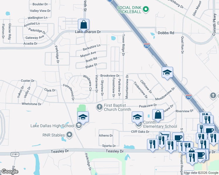 map of restaurants, bars, coffee shops, grocery stores, and more near 2701 Fountainview Drive in Corinth