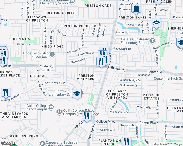 map of restaurants, bars, coffee shops, grocery stores, and more near 7117 Stone Hearth Drive in Frisco