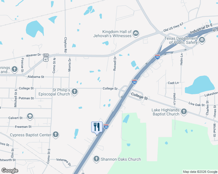map of restaurants, bars, coffee shops, grocery stores, and more near 1251 College Street in Sulphur Springs