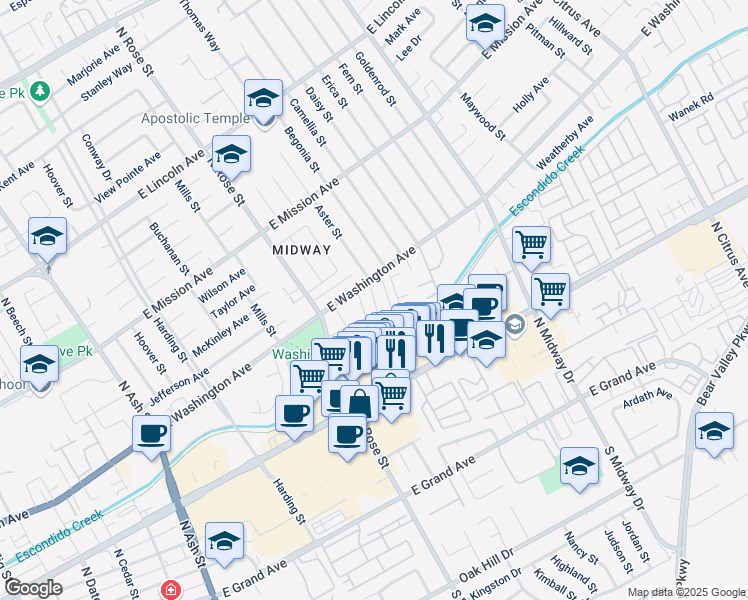 map of restaurants, bars, coffee shops, grocery stores, and more near 572 Aster Street in Escondido