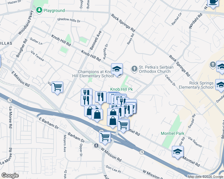map of restaurants, bars, coffee shops, grocery stores, and more near 852 Avenida Ricardo in San Marcos