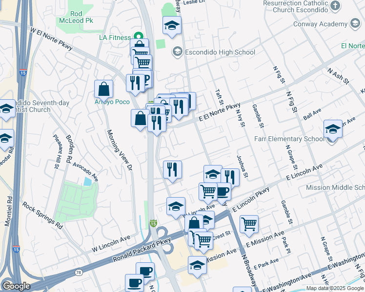 map of restaurants, bars, coffee shops, grocery stores, and more near 1225 North Broadway in Escondido