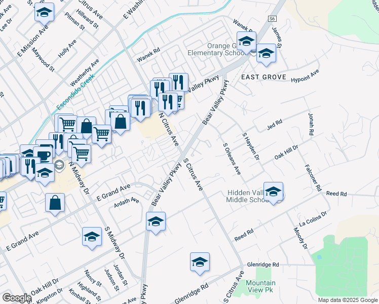 map of restaurants, bars, coffee shops, grocery stores, and more near 2412 Teaberry Glen in Escondido