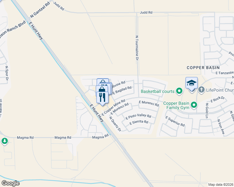 map of restaurants, bars, coffee shops, grocery stores, and more near 2636 East Bagdad Road in Queen Creek