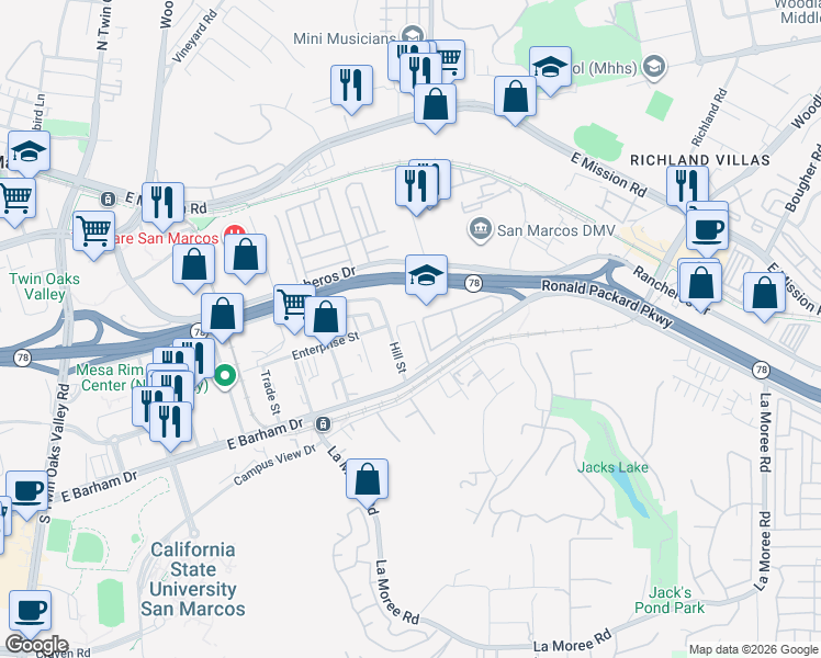 map of restaurants, bars, coffee shops, grocery stores, and more near 512 East Barham Drive in San Marcos