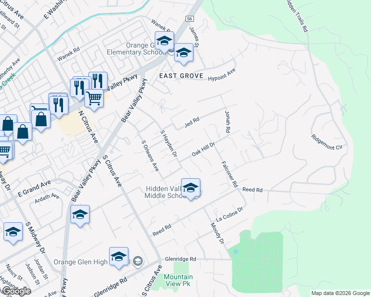 map of restaurants, bars, coffee shops, grocery stores, and more near 2729 Wedgemere Court in Escondido