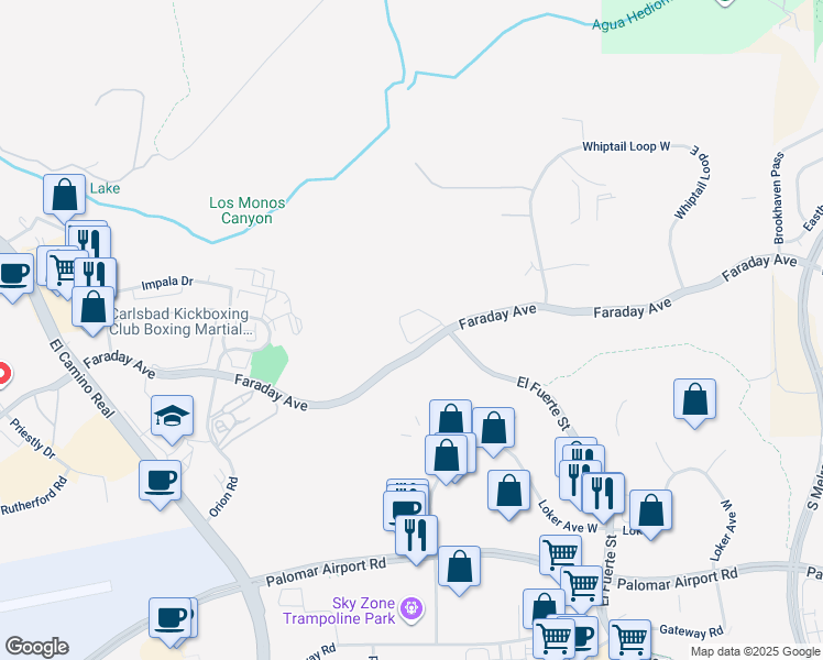 map of restaurants, bars, coffee shops, grocery stores, and more near Faraday Avenue in Carlsbad