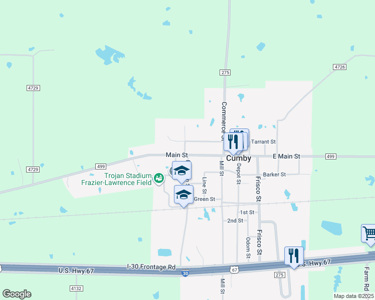map of restaurants, bars, coffee shops, grocery stores, and more near 300 West Main Street in Cumby