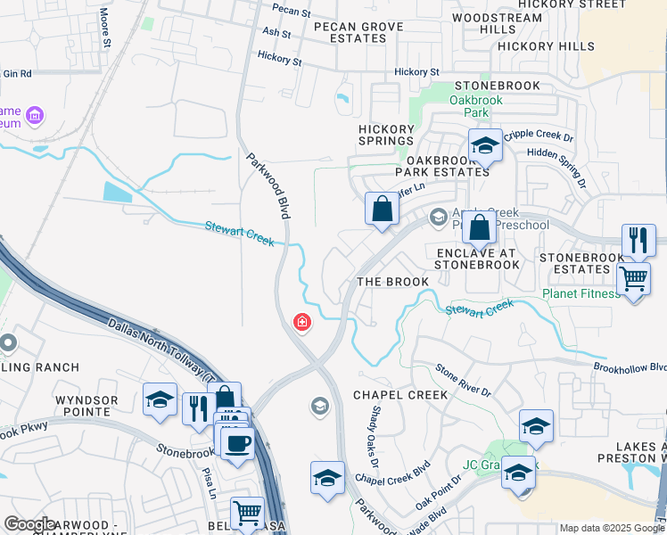 map of restaurants, bars, coffee shops, grocery stores, and more near 7450 Stonebrook Parkway in Frisco