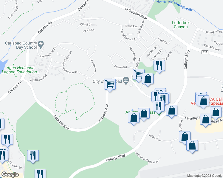 map of restaurants, bars, coffee shops, grocery stores, and more near 1545 Faraday Avenue in Carlsbad