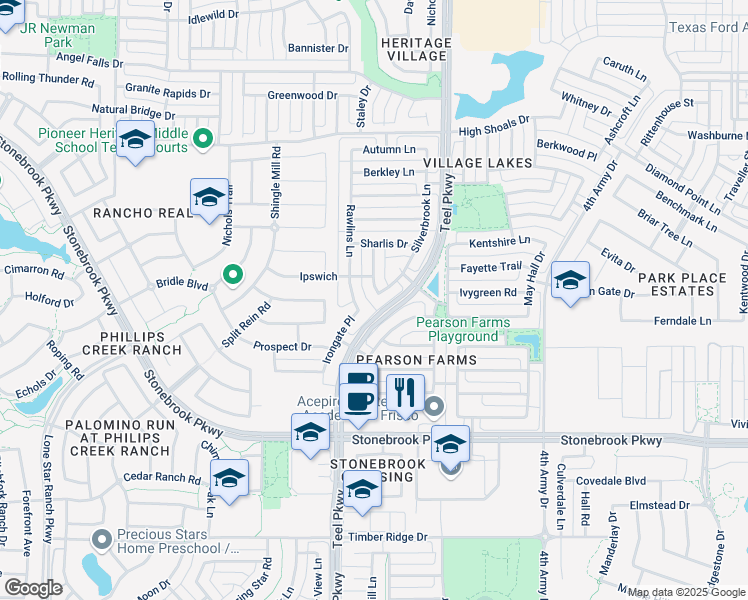 map of restaurants, bars, coffee shops, grocery stores, and more near 7148 Silverbrook Lane in Frisco