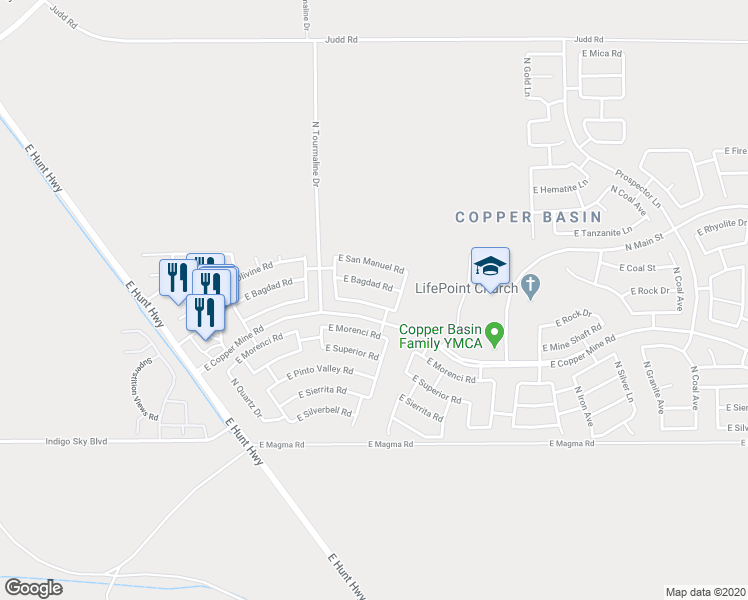 map of restaurants, bars, coffee shops, grocery stores, and more near 3180 East Mineral Park Road in San Tan Valley