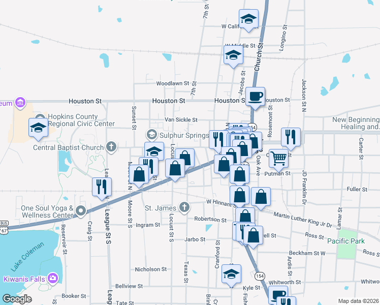 map of restaurants, bars, coffee shops, grocery stores, and more near 112 Water Oak Street in Sulphur Springs