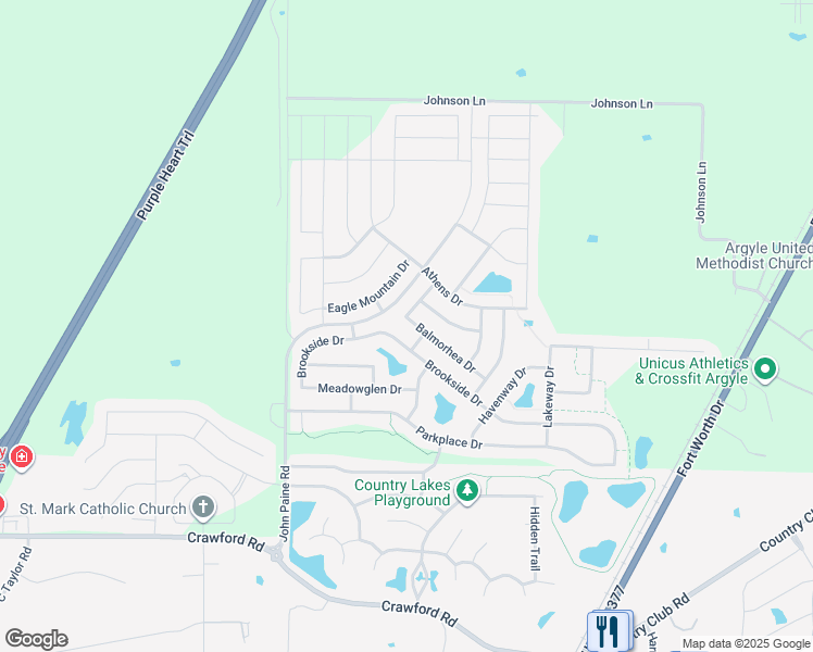 map of restaurants, bars, coffee shops, grocery stores, and more near 5713 Balmorhea Drive in Argyle