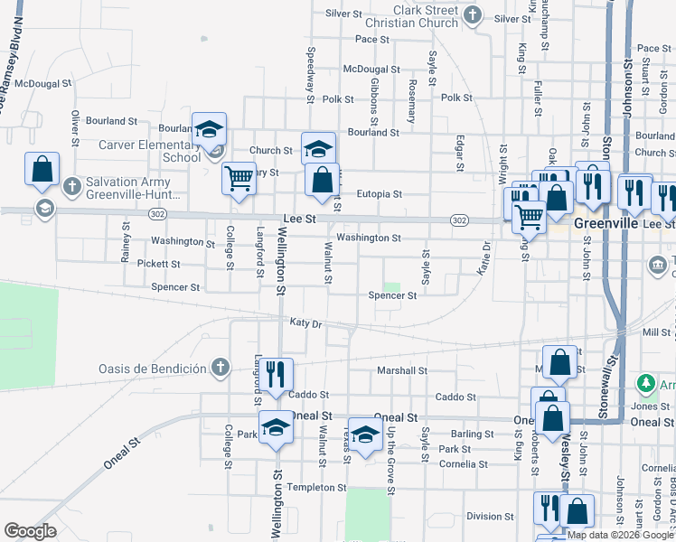 map of restaurants, bars, coffee shops, grocery stores, and more near 3823 Pickett Street in Greenville