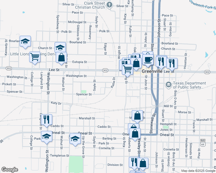 map of restaurants, bars, coffee shops, grocery stores, and more near 3210 Crockett Street in Greenville