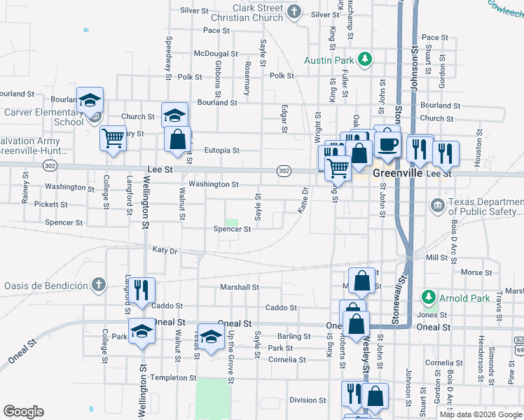 map of restaurants, bars, coffee shops, grocery stores, and more near 2715 Sayle Street in Greenville