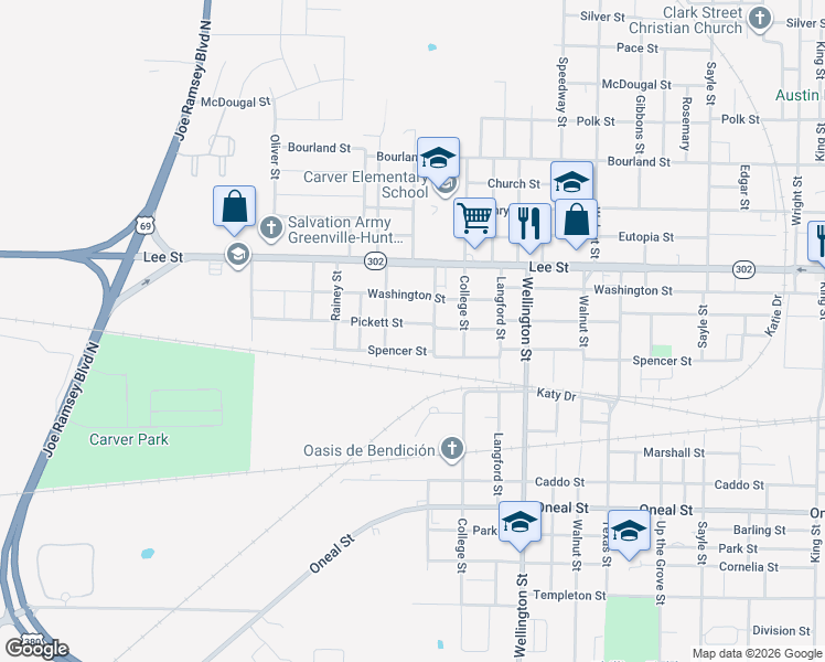 map of restaurants, bars, coffee shops, grocery stores, and more near 4503 Pickett Street in Greenville