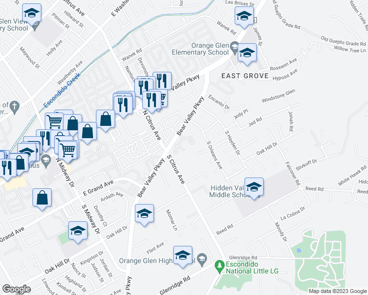 map of restaurants, bars, coffee shops, grocery stores, and more near 120 Auburn Glen in Escondido