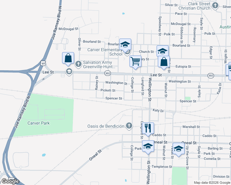 map of restaurants, bars, coffee shops, grocery stores, and more near 4503 Pickett St in Greenville