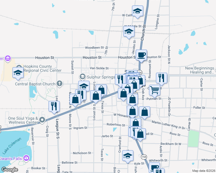 map of restaurants, bars, coffee shops, grocery stores, and more near 112 Water Oak Street in Sulphur Springs