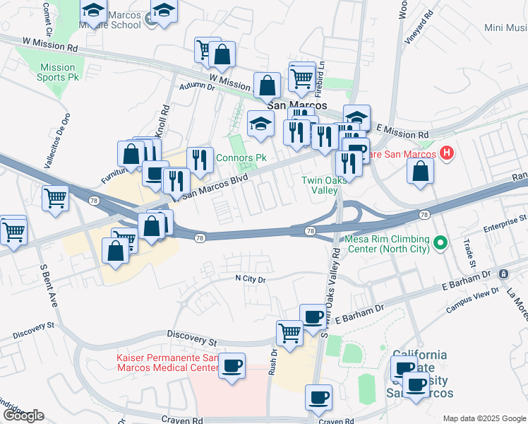 map of restaurants, bars, coffee shops, grocery stores, and more near 305 West San Marcos Boulevard in San Marcos