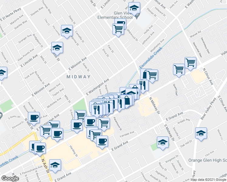 map of restaurants, bars, coffee shops, grocery stores, and more near 1753 Dawn Place in Escondido