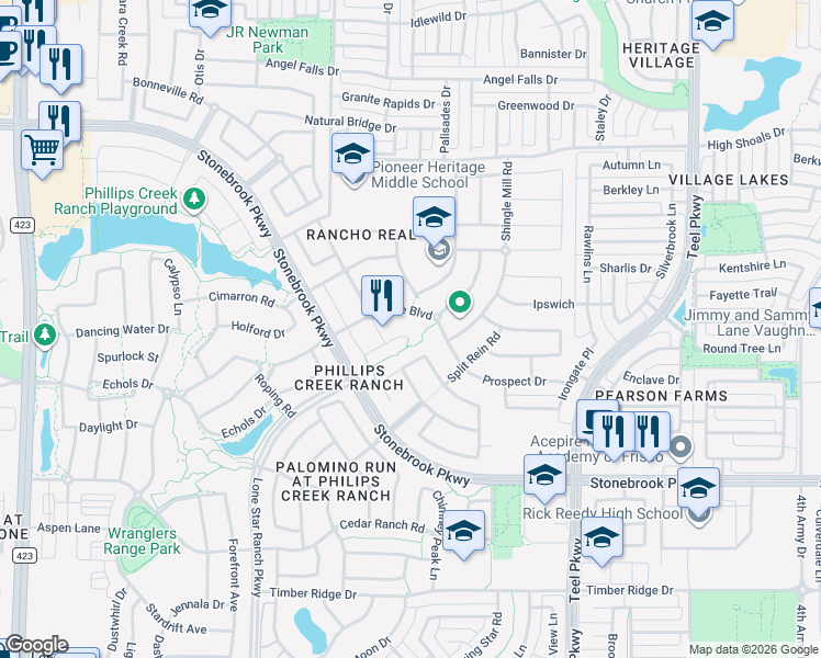 map of restaurants, bars, coffee shops, grocery stores, and more near 1843 Bareback Ranch Road in Frisco