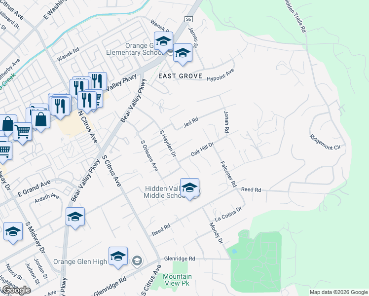 map of restaurants, bars, coffee shops, grocery stores, and more near 2729 Wedgemere Court in Escondido