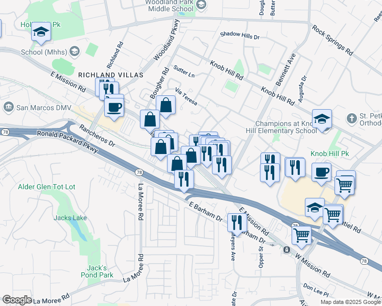 map of restaurants, bars, coffee shops, grocery stores, and more near 244 Cerco Rosado in San Marcos