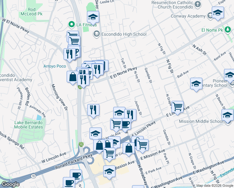 map of restaurants, bars, coffee shops, grocery stores, and more near 1214 North Broadway in Escondido