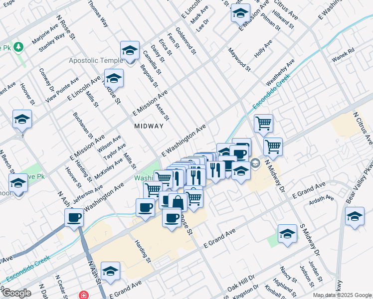 map of restaurants, bars, coffee shops, grocery stores, and more near 572 Aster Street in Escondido