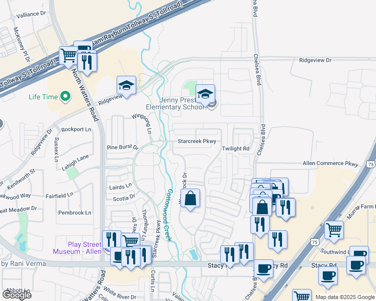 map of restaurants, bars, coffee shops, grocery stores, and more near 886 Grassy Shore Court in Allen