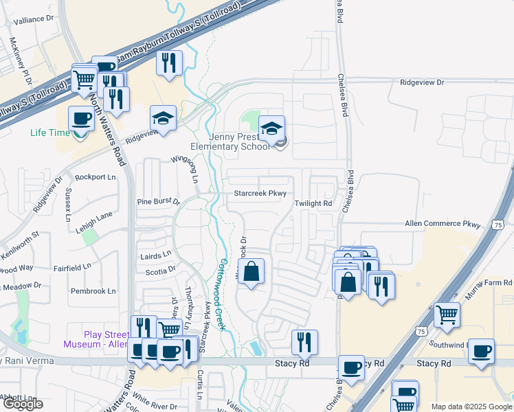 map of restaurants, bars, coffee shops, grocery stores, and more near 886 Grassy Shore Court in Allen
