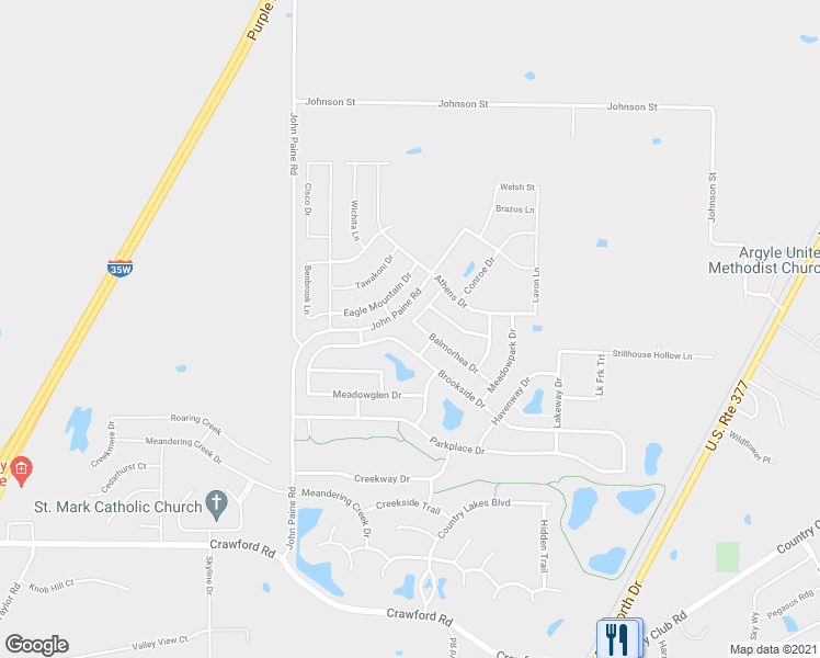 map of restaurants, bars, coffee shops, grocery stores, and more near 5717 Balmorhea Dr in Argyle