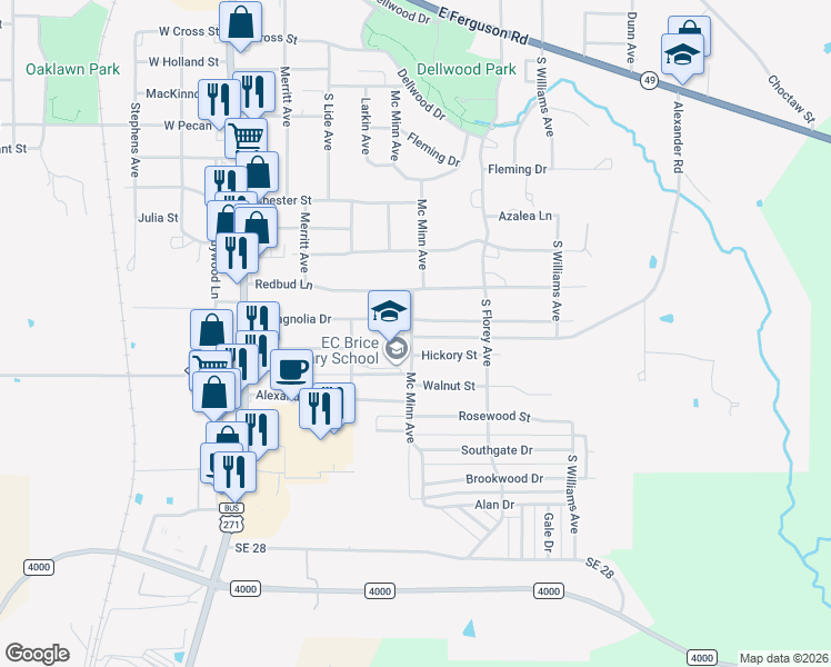 map of restaurants, bars, coffee shops, grocery stores, and more near 703 Mc Minn Avenue in Mount Pleasant