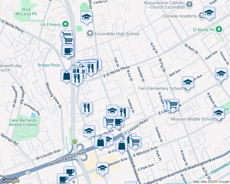 map of restaurants, bars, coffee shops, grocery stores, and more near 1202 North Broadway in Escondido