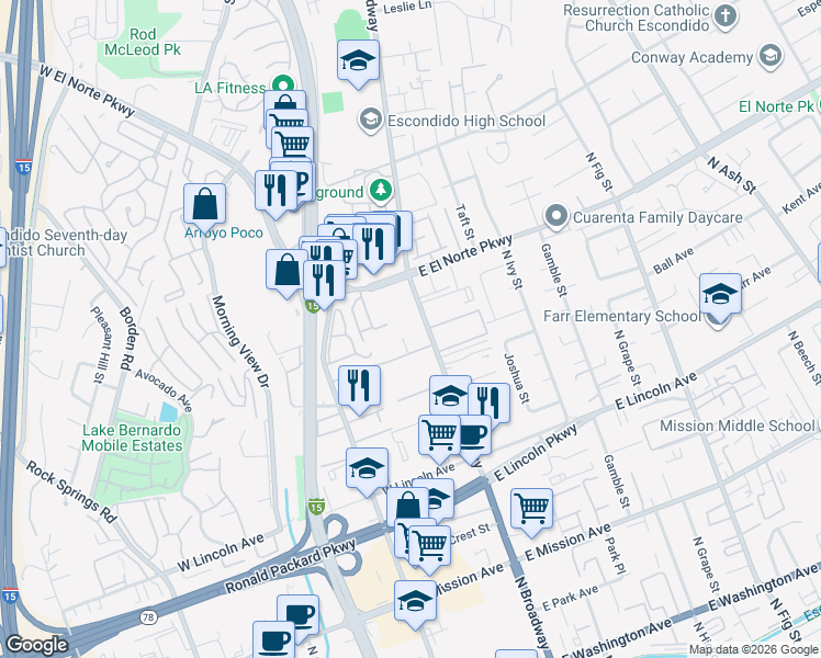 map of restaurants, bars, coffee shops, grocery stores, and more near 1225 North Broadway in Escondido