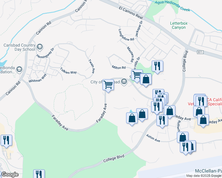 map of restaurants, bars, coffee shops, grocery stores, and more near 1545 Faraday Ave in Carlsbad