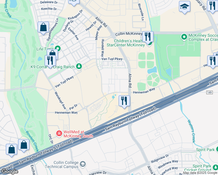 map of restaurants, bars, coffee shops, grocery stores, and more near 7300 Henneman Way in McKinney