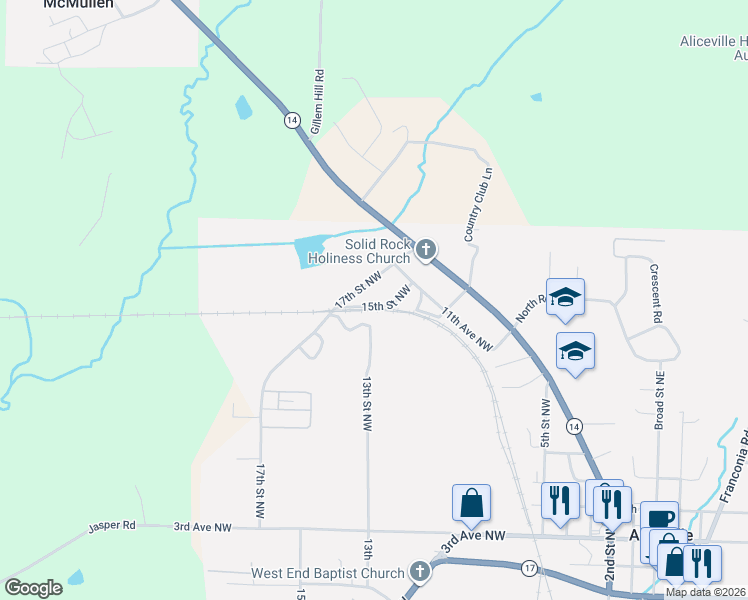 map of restaurants, bars, coffee shops, grocery stores, and more near 1001-1139 15th Street Northwest in Aliceville