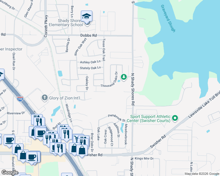 map of restaurants, bars, coffee shops, grocery stores, and more near 716 Thousand Oaks Dr in Lake Dallas