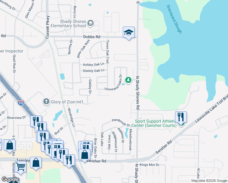 map of restaurants, bars, coffee shops, grocery stores, and more near 716 Thousand Oaks Drive in Lake Dallas