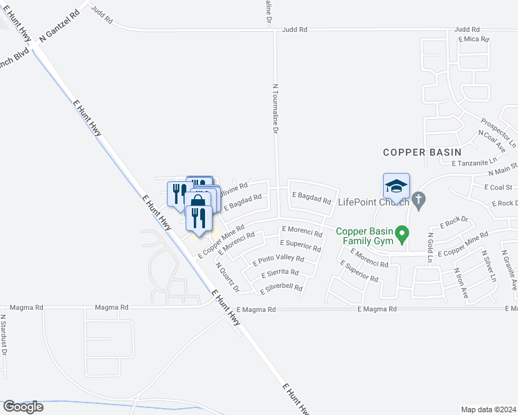 map of restaurants, bars, coffee shops, grocery stores, and more near 2864 East Mineral Park Road in San Tan Valley