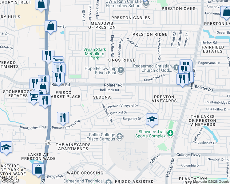 map of restaurants, bars, coffee shops, grocery stores, and more near 10031 Bellrock Road in Frisco