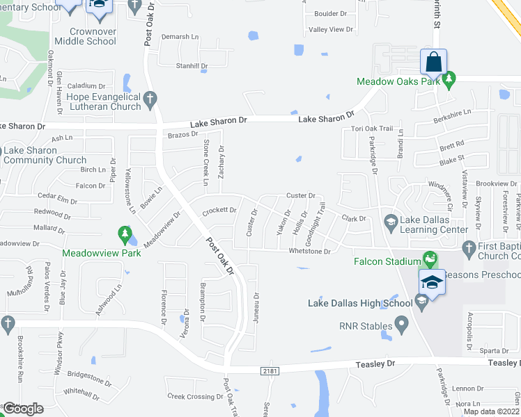 map of restaurants, bars, coffee shops, grocery stores, and more near 2900 Custer Drive in Denton