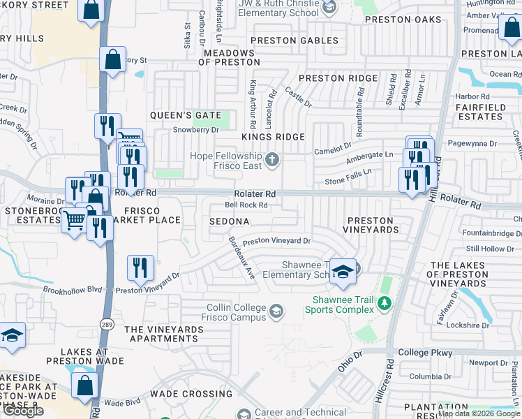 map of restaurants, bars, coffee shops, grocery stores, and more near 10031 Bellrock Road in Frisco